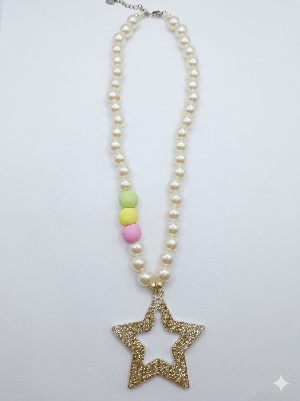 Pearl Bead Necklace with Gold Star Pendant - Pink, Yellow, Green